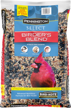 Pennington Select Birder Blend packaging shows premium outdoor seed for diverse backyard birds.