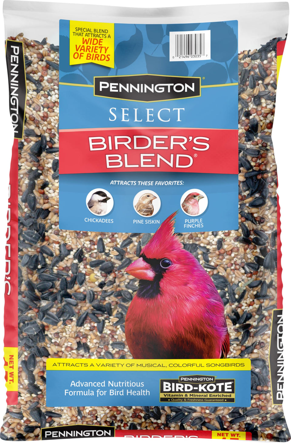 Pennington Select Birder Blend packaging shows premium outdoor seed for diverse backyard birds.