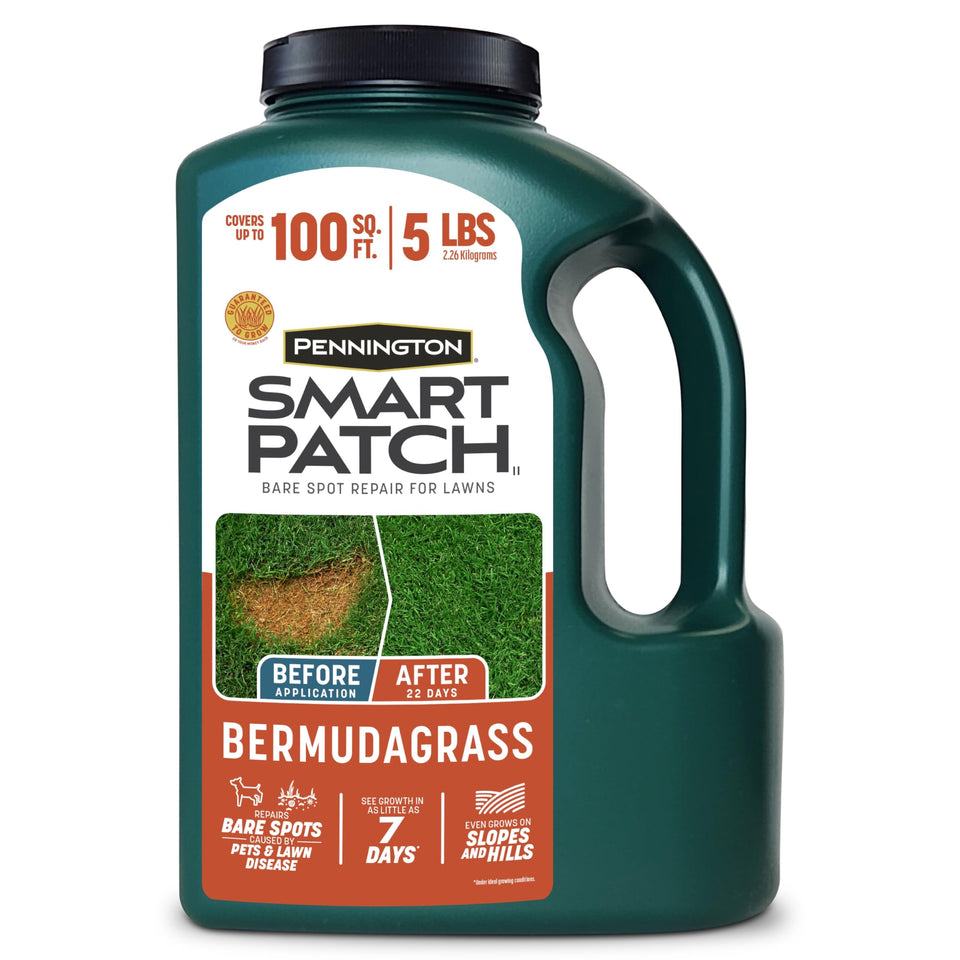 Pennington Smart Patch bermudagrass seed bag ready to repair bare spots efficiently.