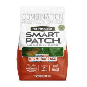 Pennington Smart Patch Bermudagrass seed bottle shows an all-in-one lawn repair kit for bare spots.