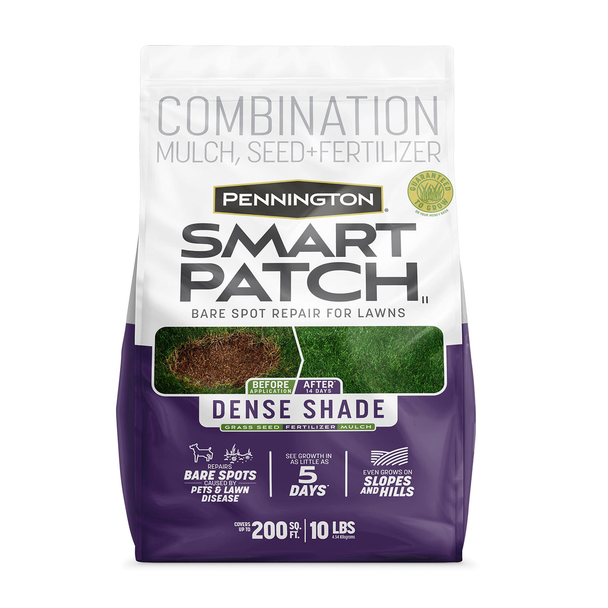 Pennington Smart Patch Dense Shade seed bag shows quick bare-spot repair for shaded lawns.