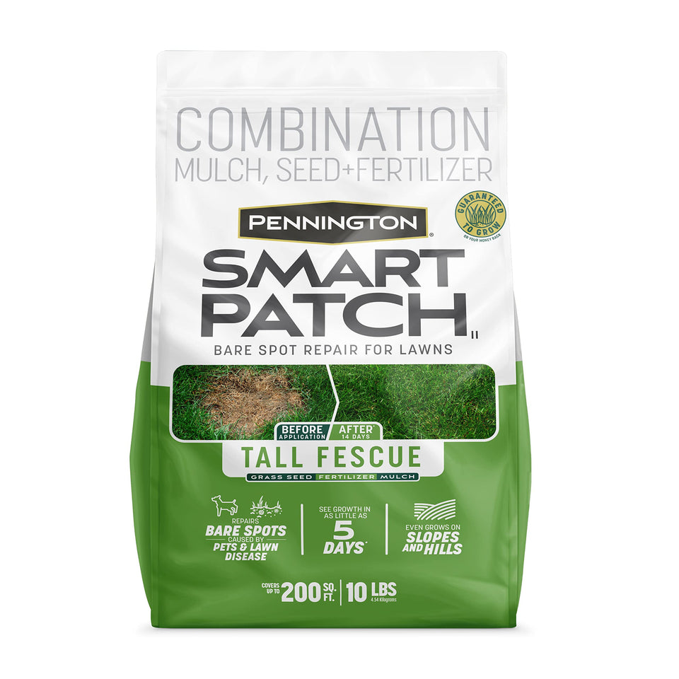 Pennington Smart Patch tall fescue bare spot repair for lush lawn.