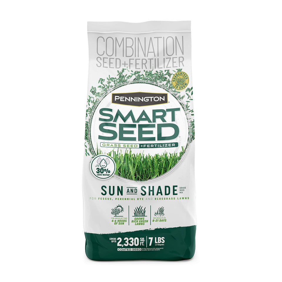 Pennington Smart Seed Sun and Shade Grass Mix thrives in sun and partial shade.