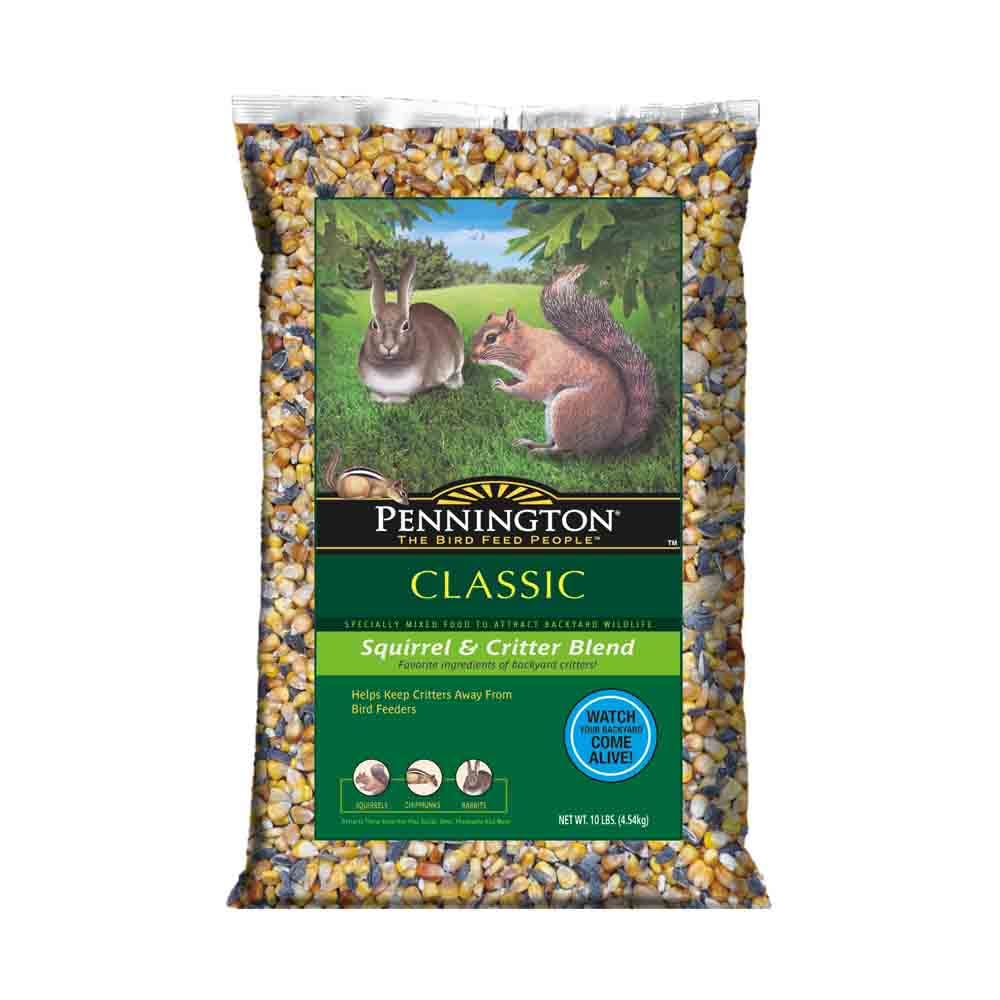 Pennington Squirrel & Critter Blend 10lb bag invites backyard wildlife to feed.