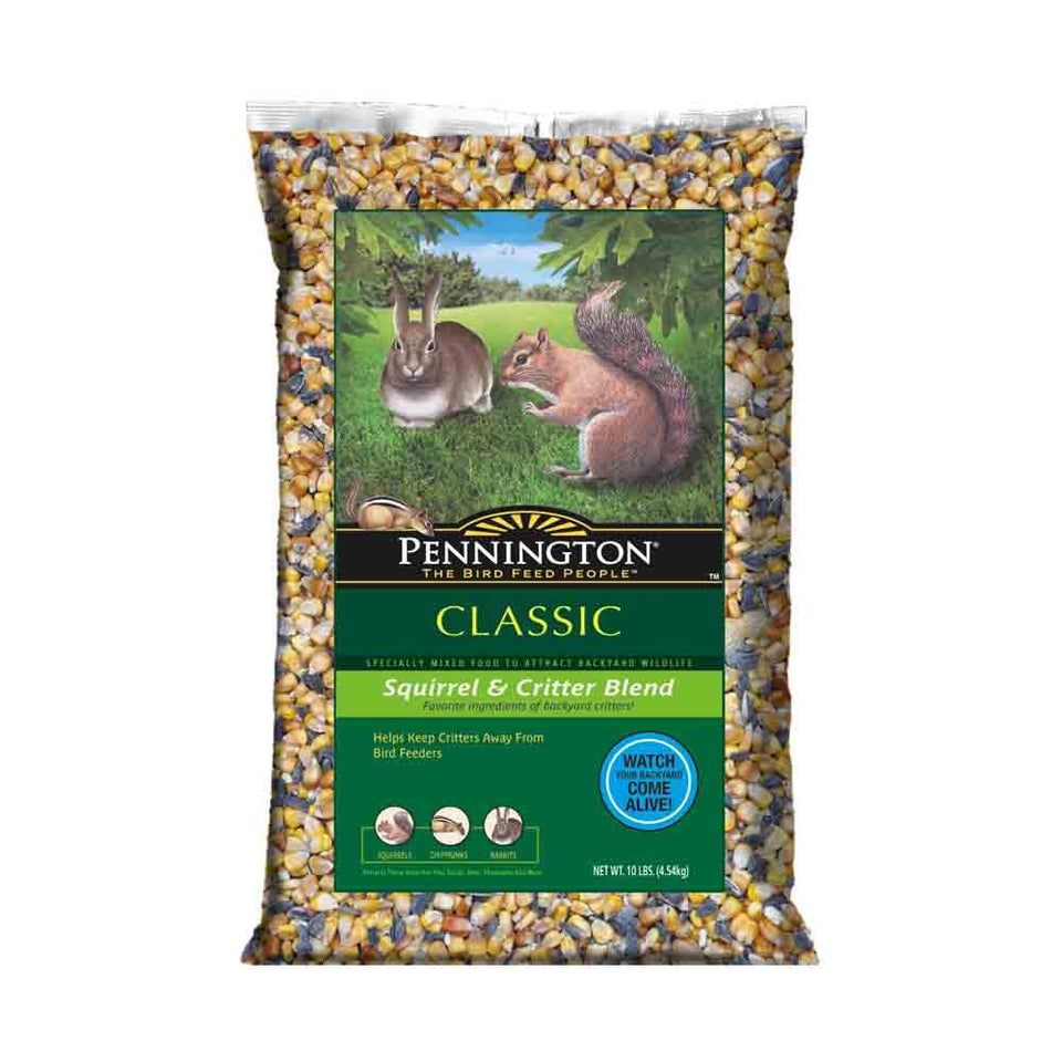 Pennington Squirrel & Critter Blend 10lb bag invites backyard wildlife to feed.