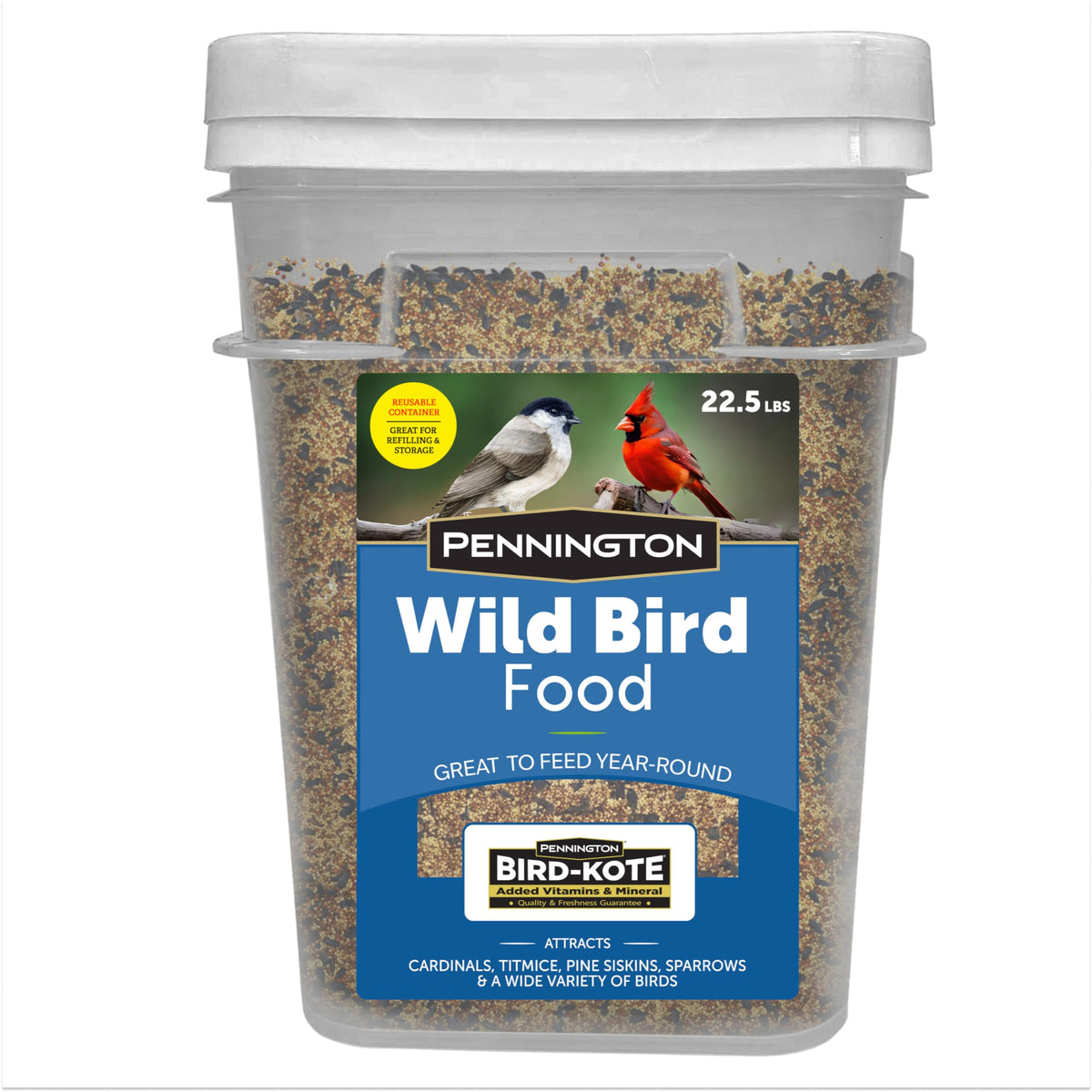 Pennington wild bird seed bucket front view, ideal for year-round backyard feeding.