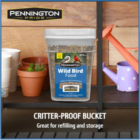 Pennington wild bird seed bucket label aids quick recognition and rotation.