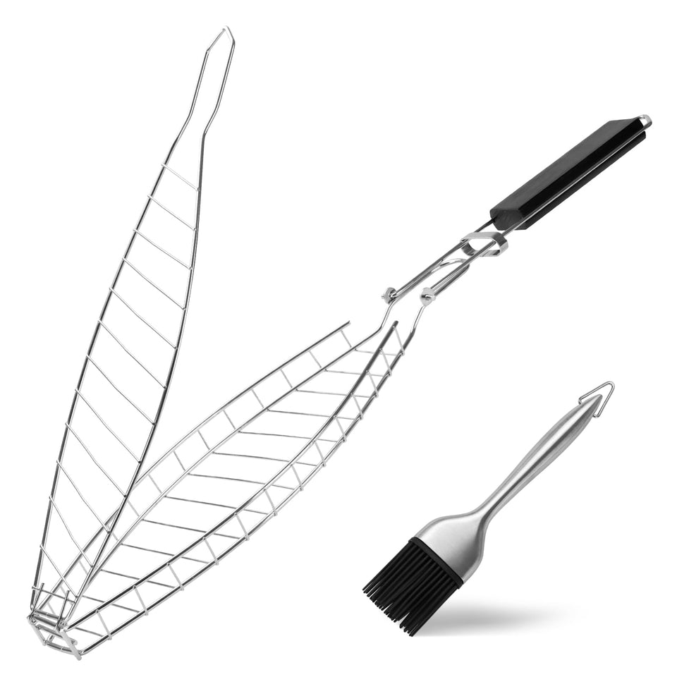 Penobon fish grill basket with wooden handle ready for whole fish grilling
