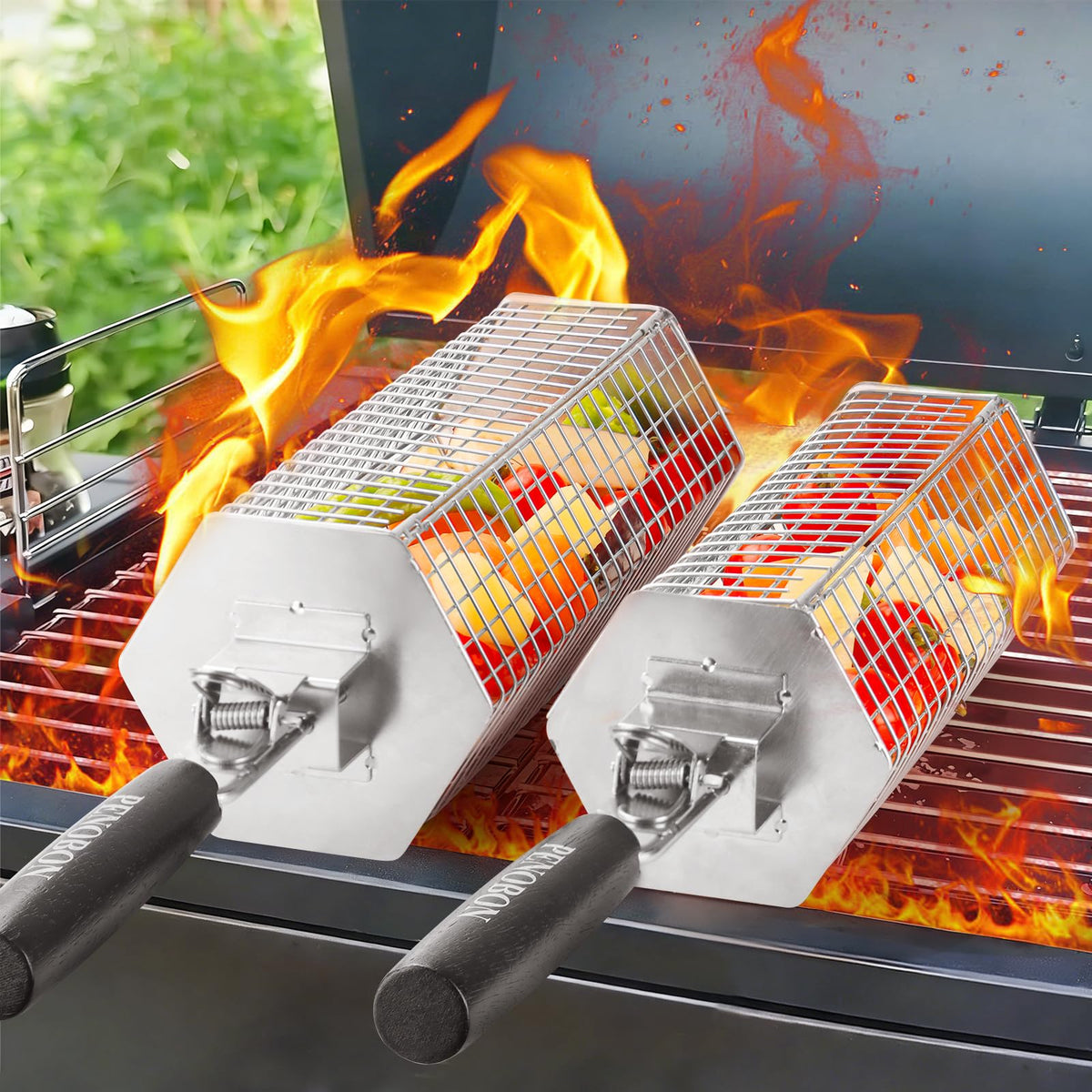 Penobon hexagonal large basket on grill delivers even heating for vegetables and meat.