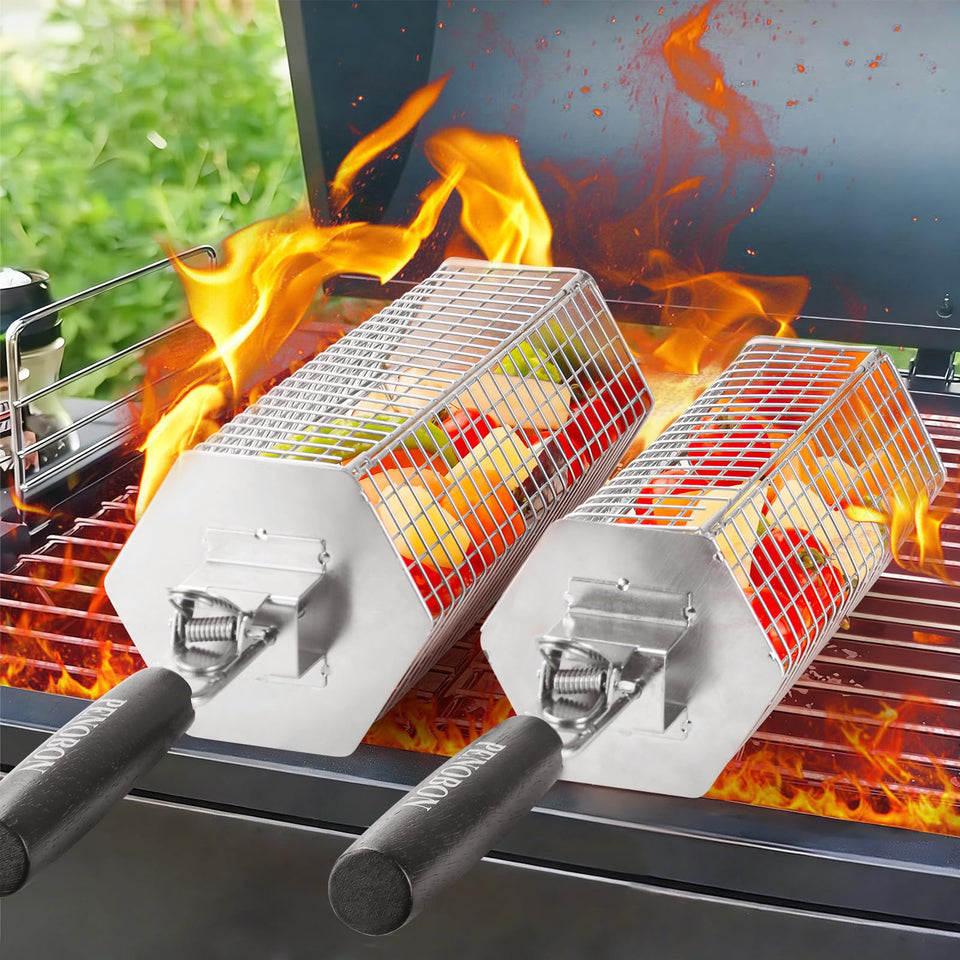 Penobon hexagonal large basket on grill delivers even heating for vegetables and meat.