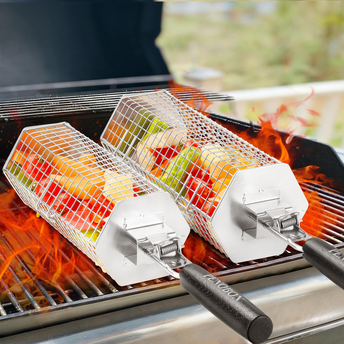 Penobon rolling action basket over grill ensures uniform browning.