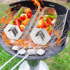 Penobon basket cooks vegetables, meat, and seafood evenly on gas or charcoal.