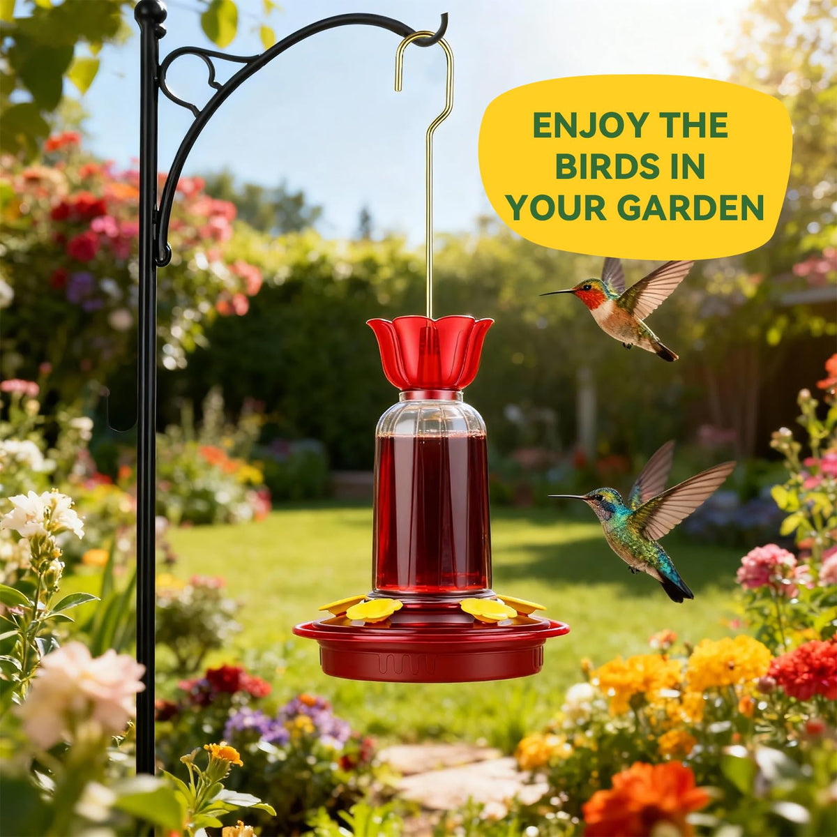 PENXUA outdoor hummingbird feeder side view reveals sturdy hanging design.