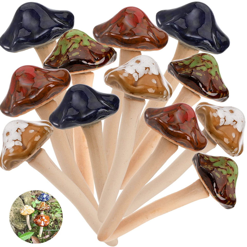 Peohud 12-pack ceramic mushrooms arranged for outdoor garden decor and whimsy