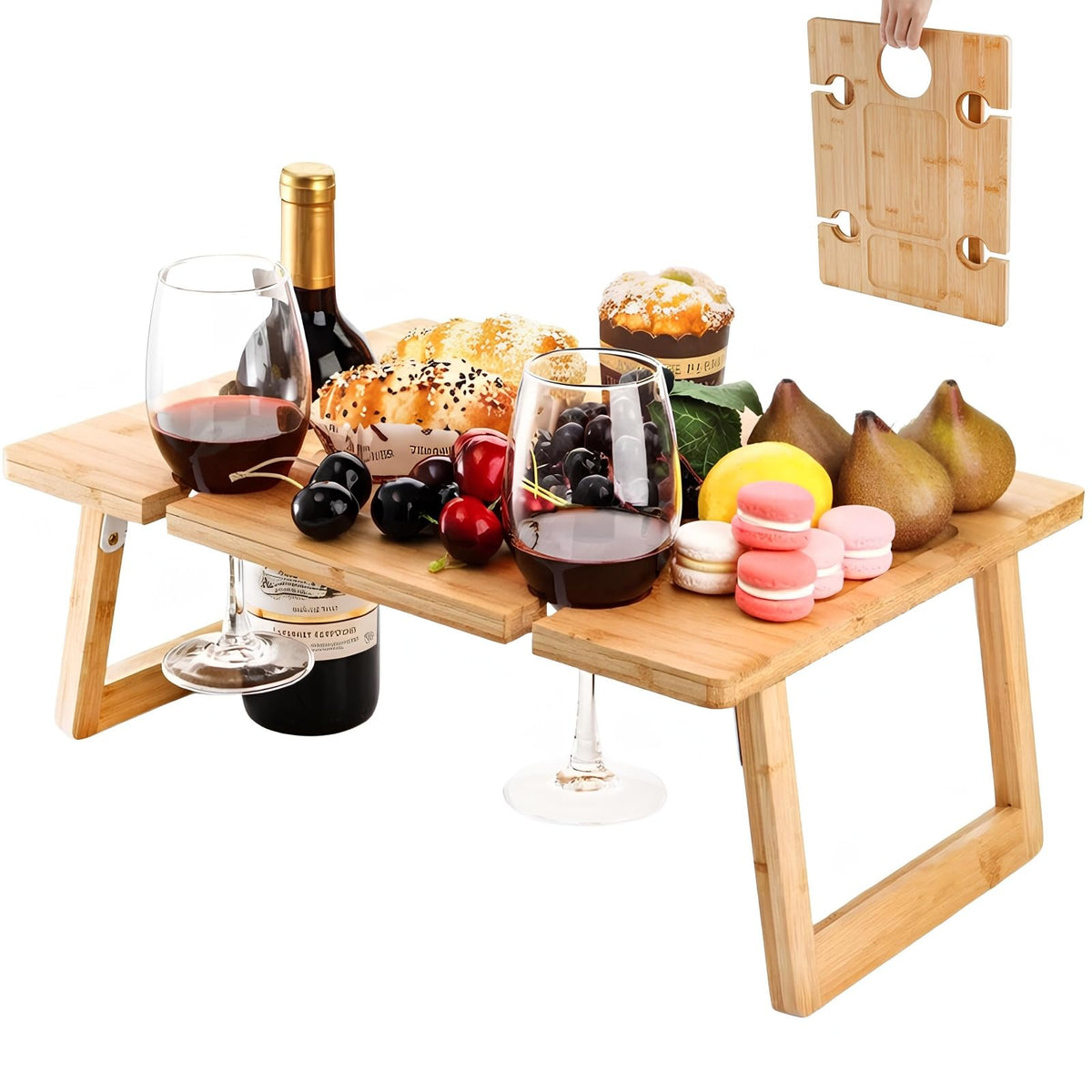Peohud portable wine picnic table assembly view shows sturdy bamboo construction.
