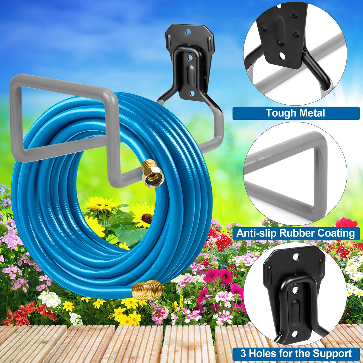 PeoMev wall-mounted hose rack for easy garden access.