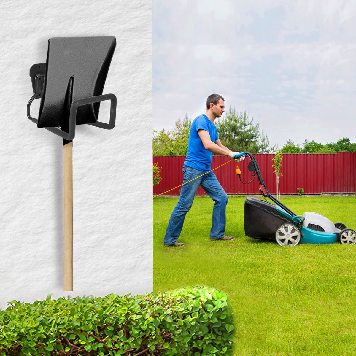 PeoMev holder stores hoses and cords in garage or yard.