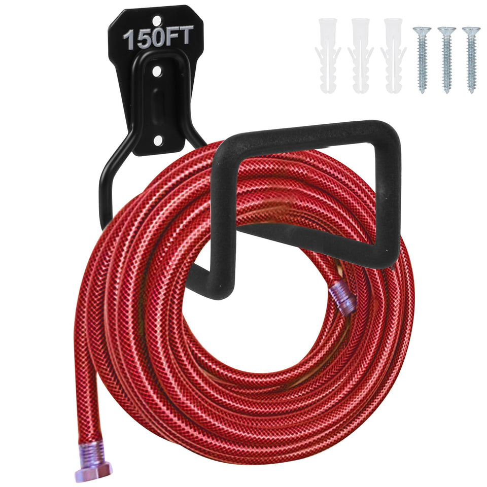 PeoMev metal hose holder on wall, sturdy storage for hoses.