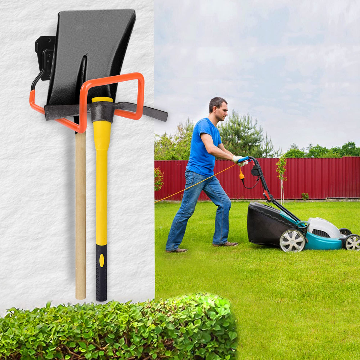 PeoMev outdoor hose rack in yard near garage for organized space.