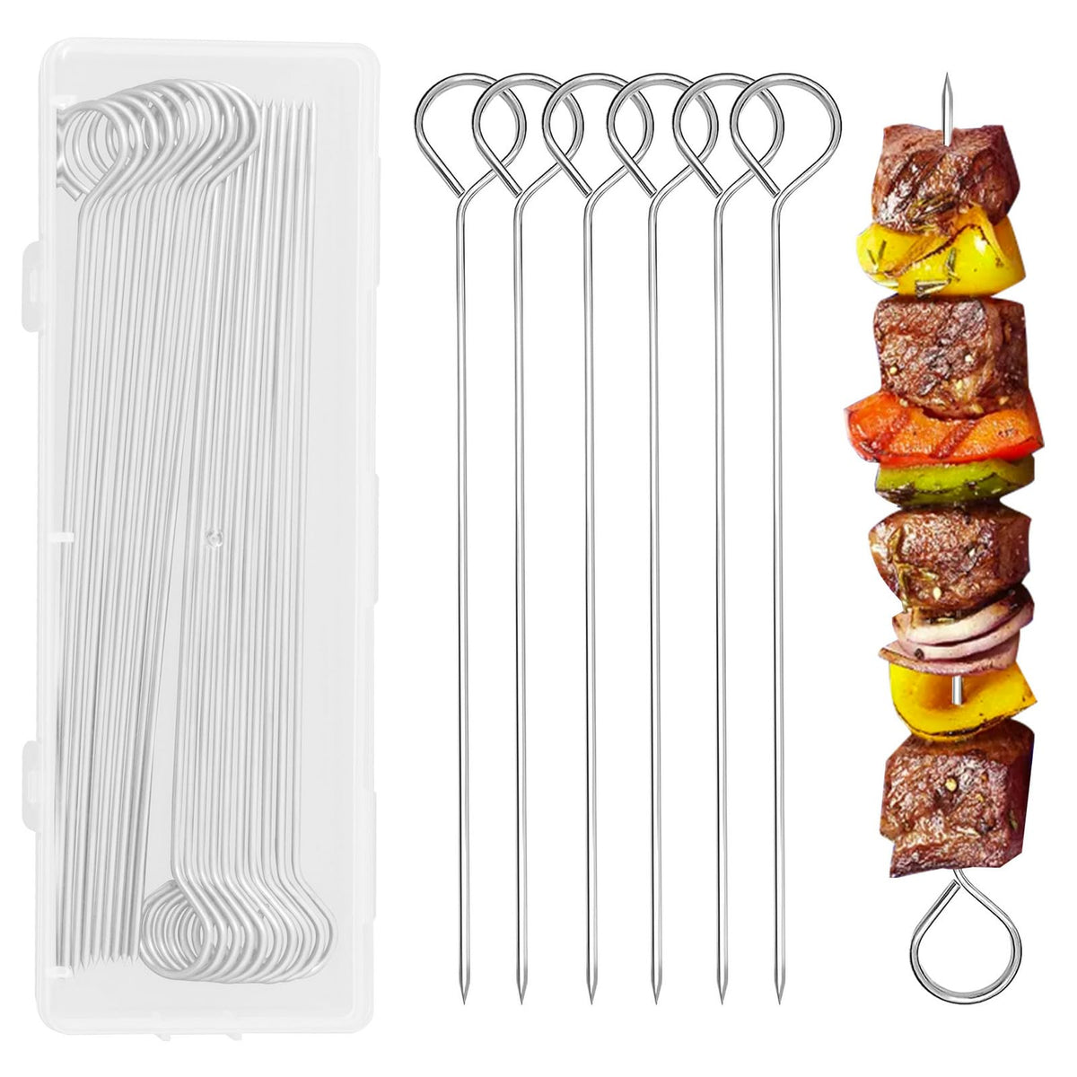 PEOUWNES 20 skewers neatly stored in the box for organized grilling.