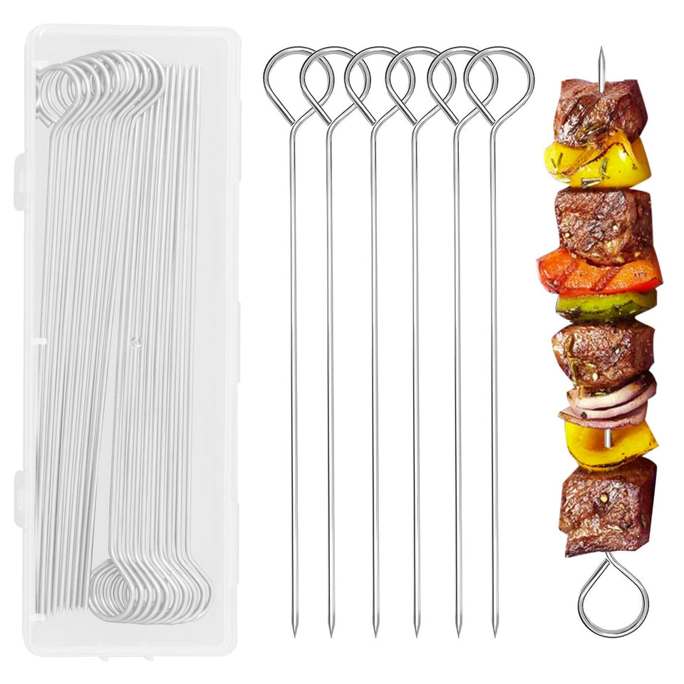 PEOUWNES 20 skewers neatly stored in the box for organized grilling.