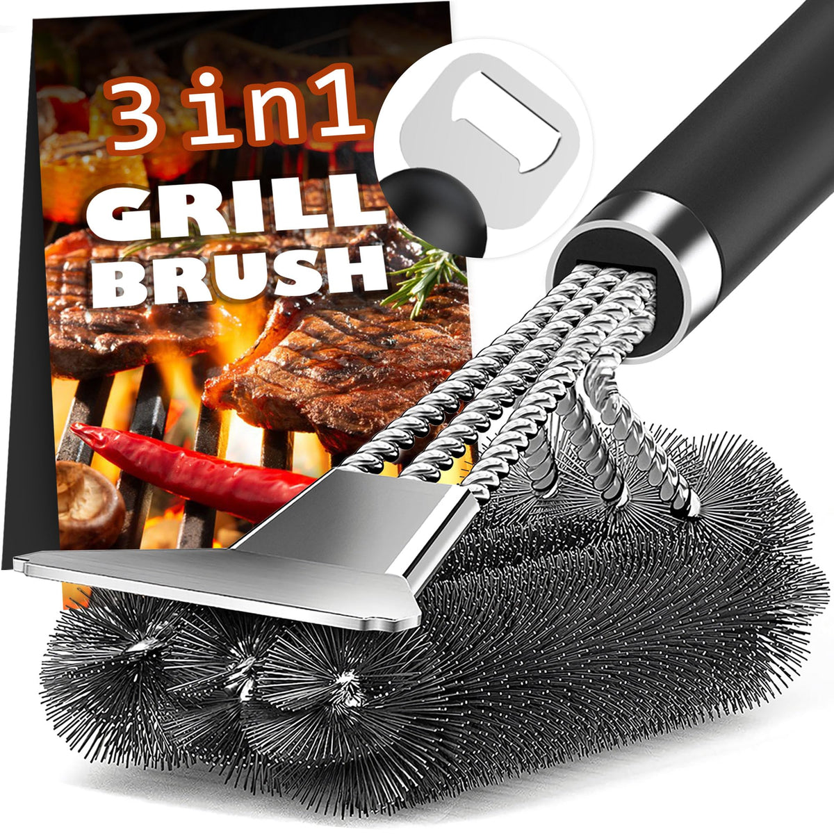 Pepeng grill brush 18in handle cleaning greasy grates safely and effectively.