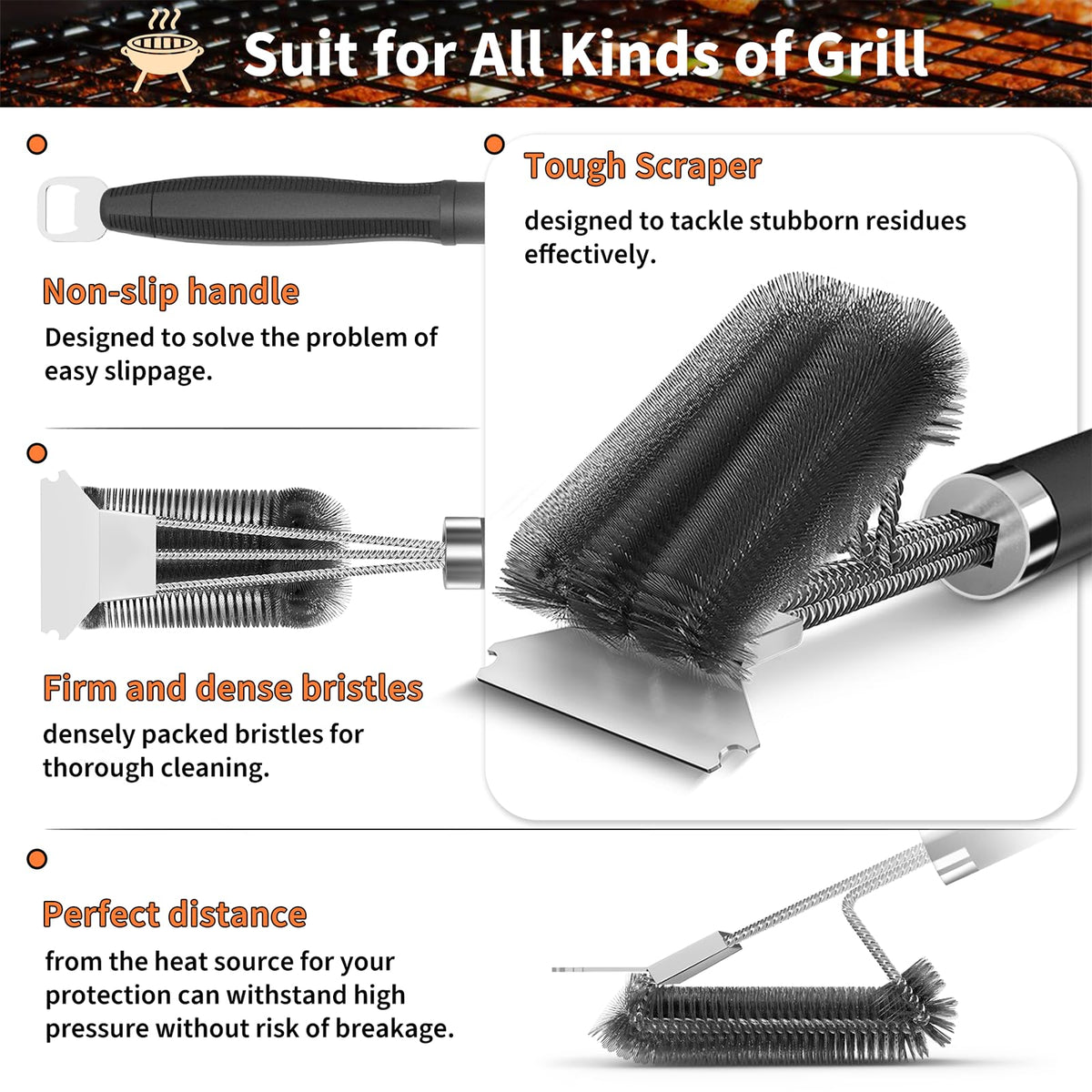 Pepeng non-slip grip handle provides comfortable, secure cleaning during long cooks.