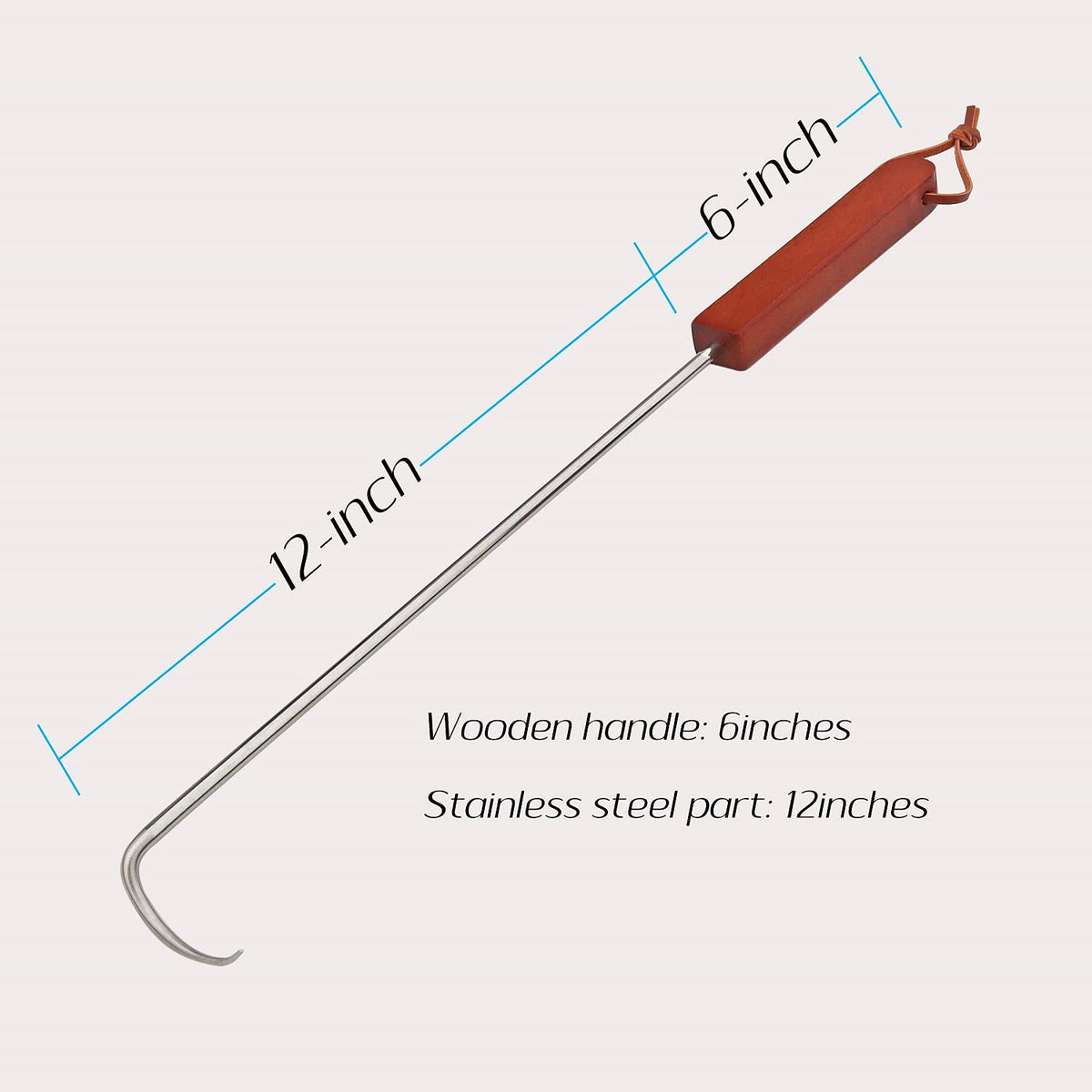 PEPKICN wooden-handle turner hook showing comfortable grip for extended grilling.