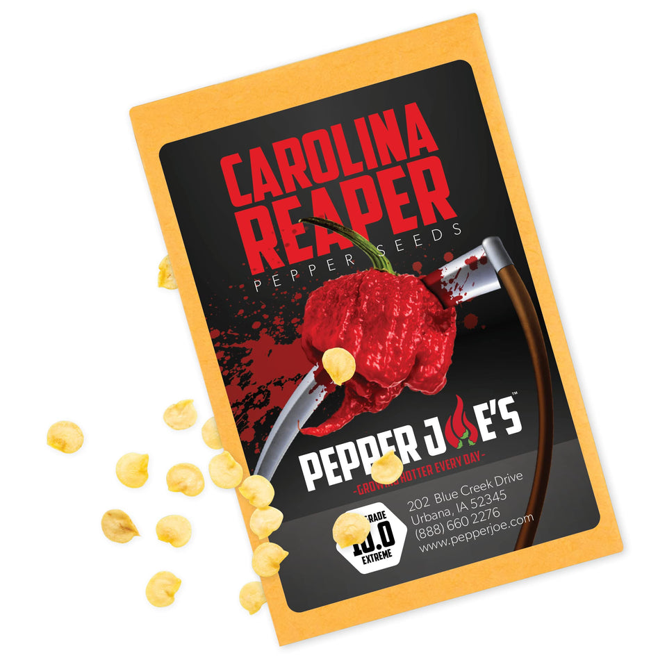 Pepper Joe's Carolina Reaper seeds pack ready for planting, ideal for hot sauces.