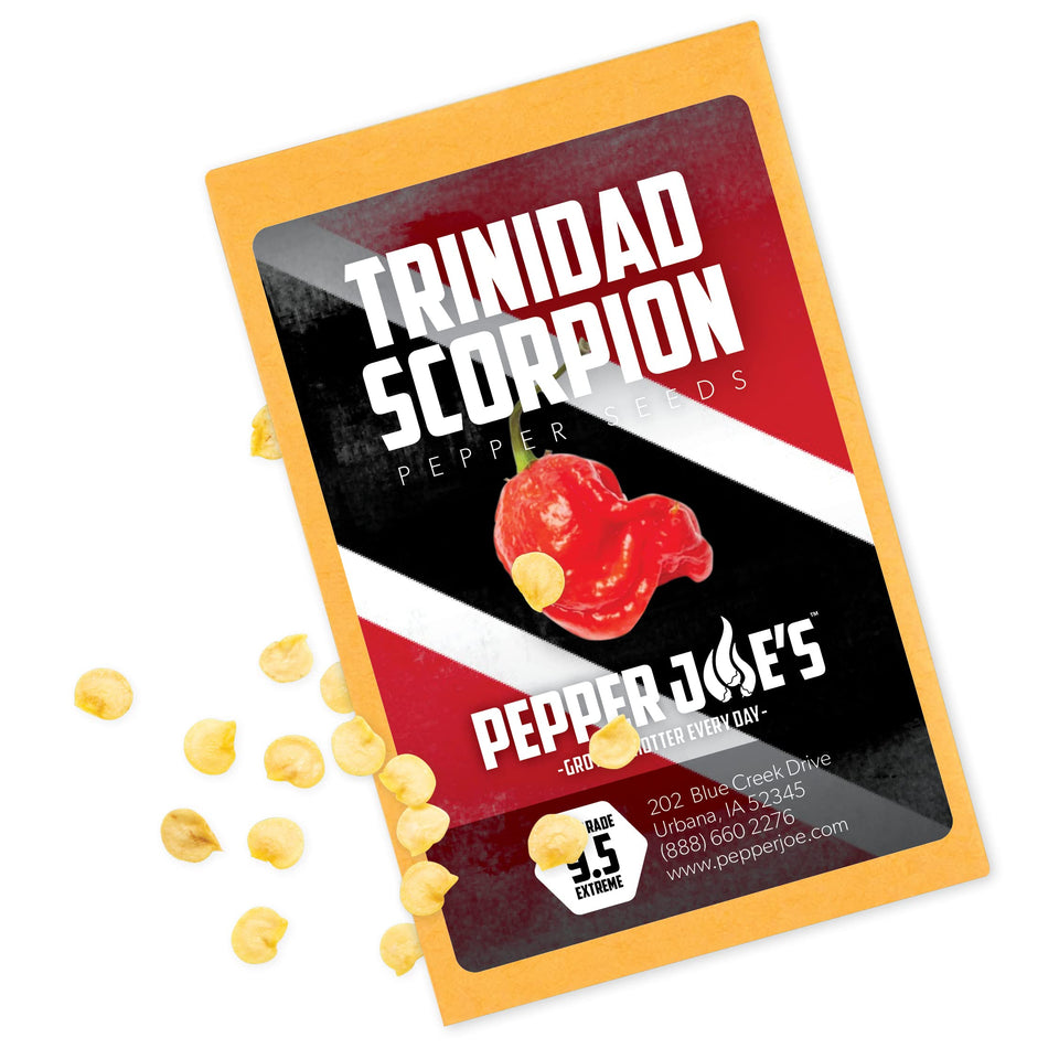 Pepper Joe's Trinidad Scorpion seeds pack ready for home planting—ideal for heat-loving gardeners.