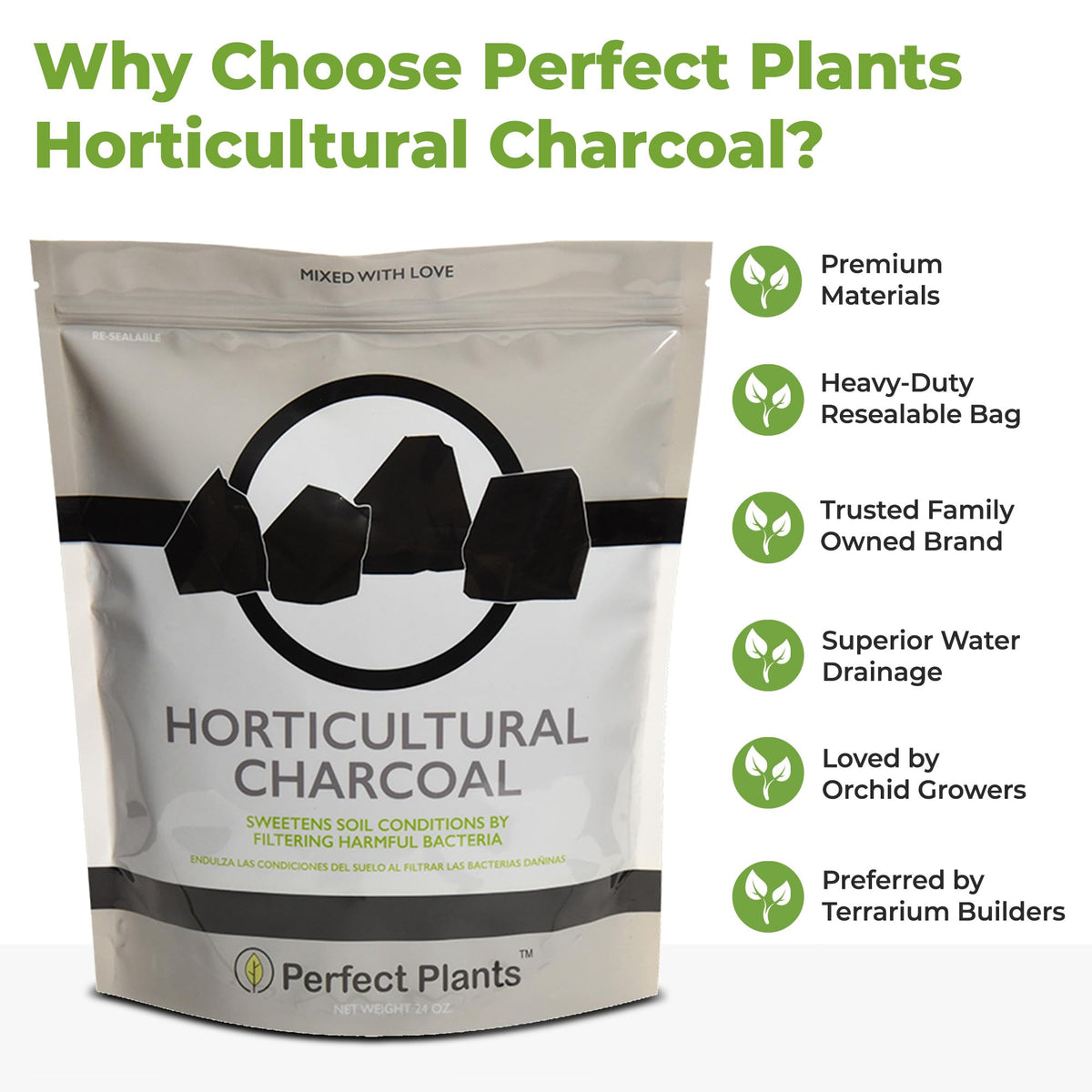 Perfect Plants charcoal soil conditioner absorbs excess nutrients for healthier roots