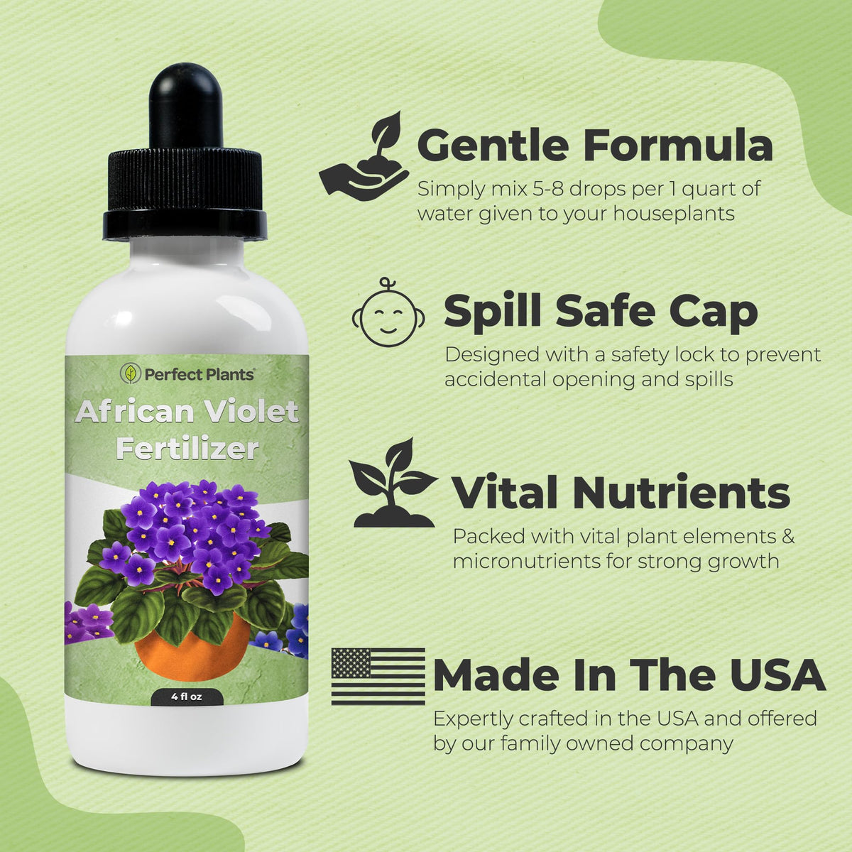Dropper-ready Perfect Plants fertilizer enables even, simple indoor feeding.