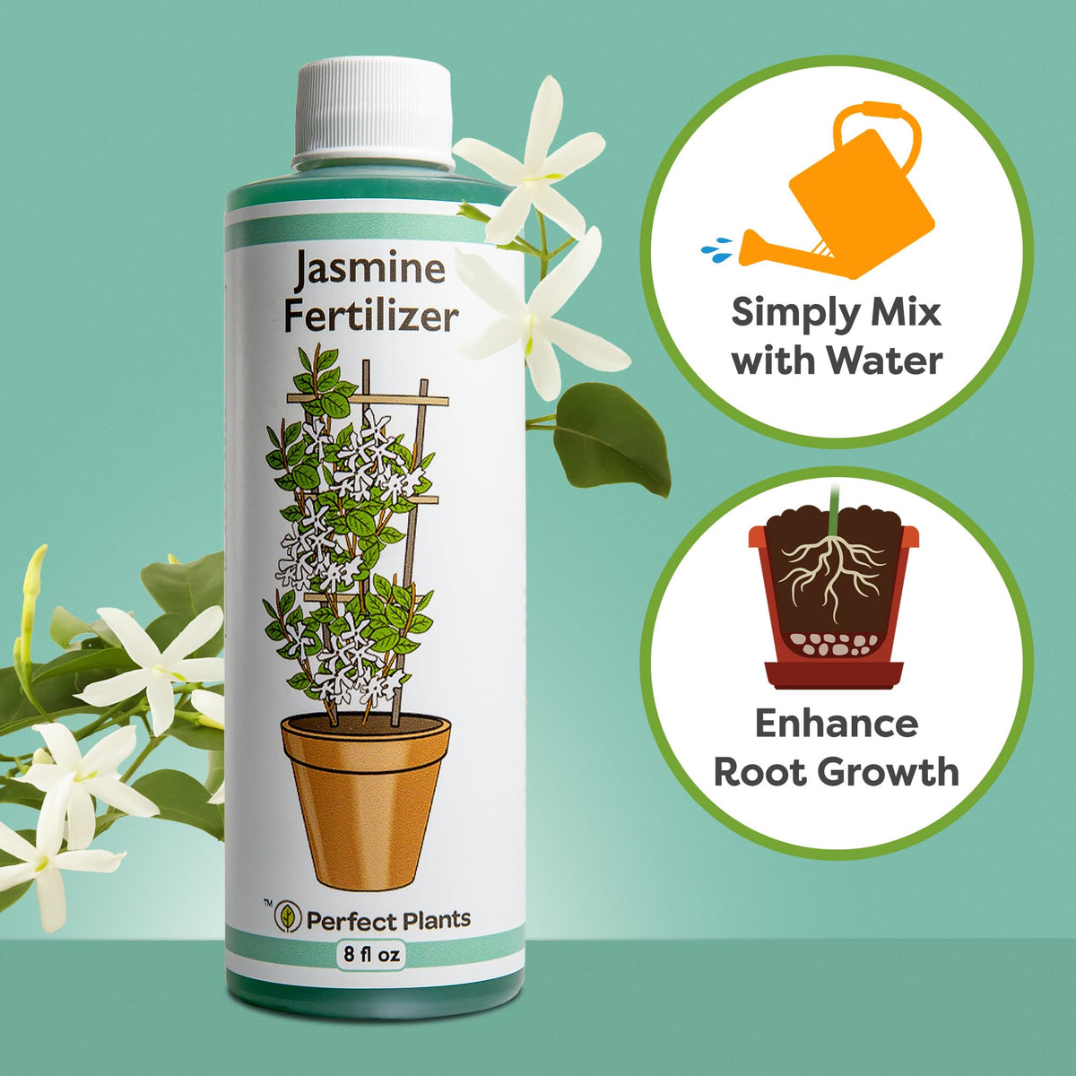 Perfect Plants Liquid Jasmine Fertilizer label highlights concentrated Jasmine formula.