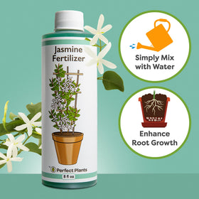 Perfect Plants Liquid Jasmine Fertilizer label highlights concentrated Jasmine formula.