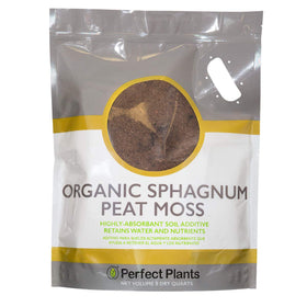 Perfect Plants 8-quart peat moss bag highlights high water retention for roots.