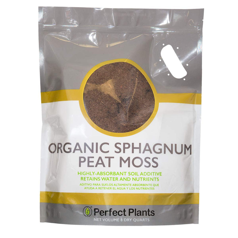 Perfect Plants 8-quart peat moss bag highlights high water retention for roots.