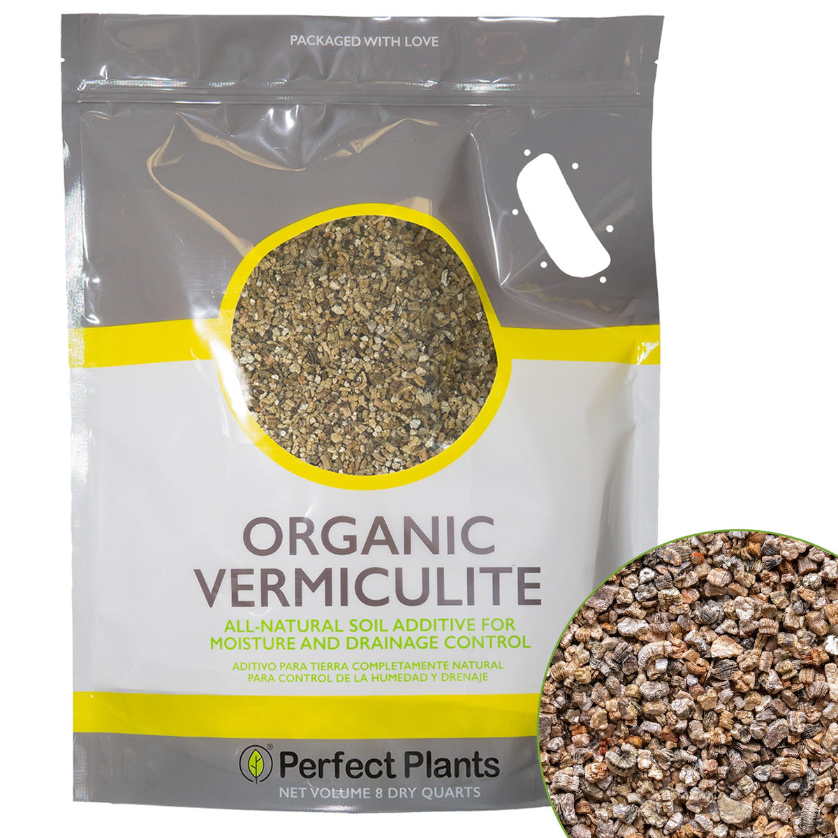 Perfect Plants Organic Vermiculite 8 dry quarts bag packaging improves soil texture and moisture management.