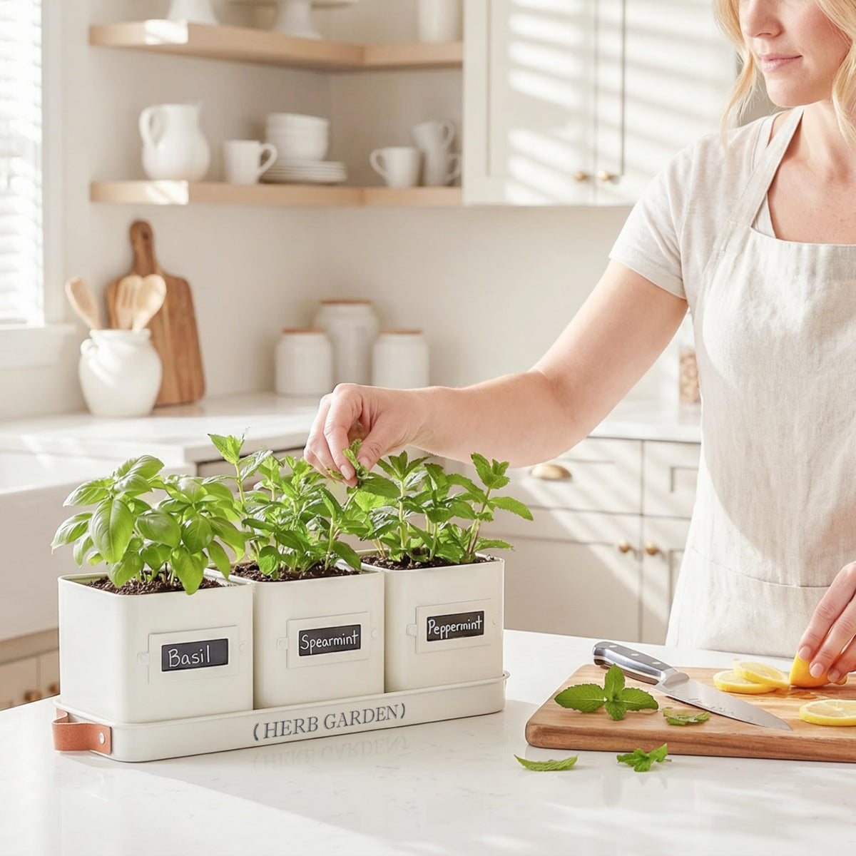 PERFNIQUE kitchen counter display with herb garden on a sunny windowsill