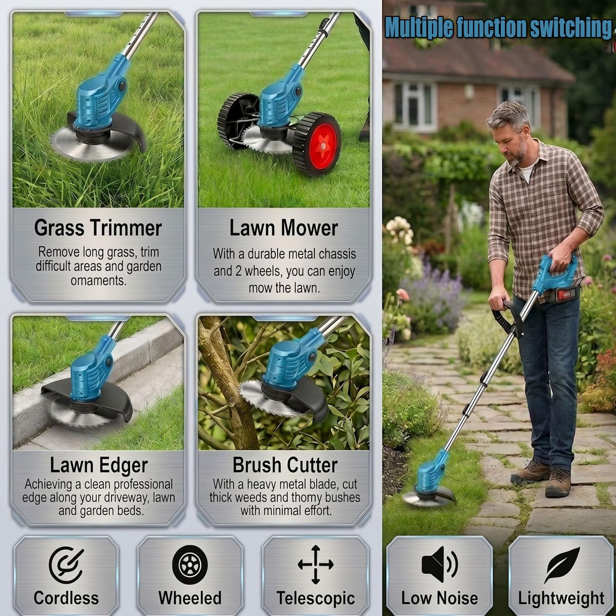 PERICGRIP 3-in-1 weed trimmer blades setup for grasses and light brush.