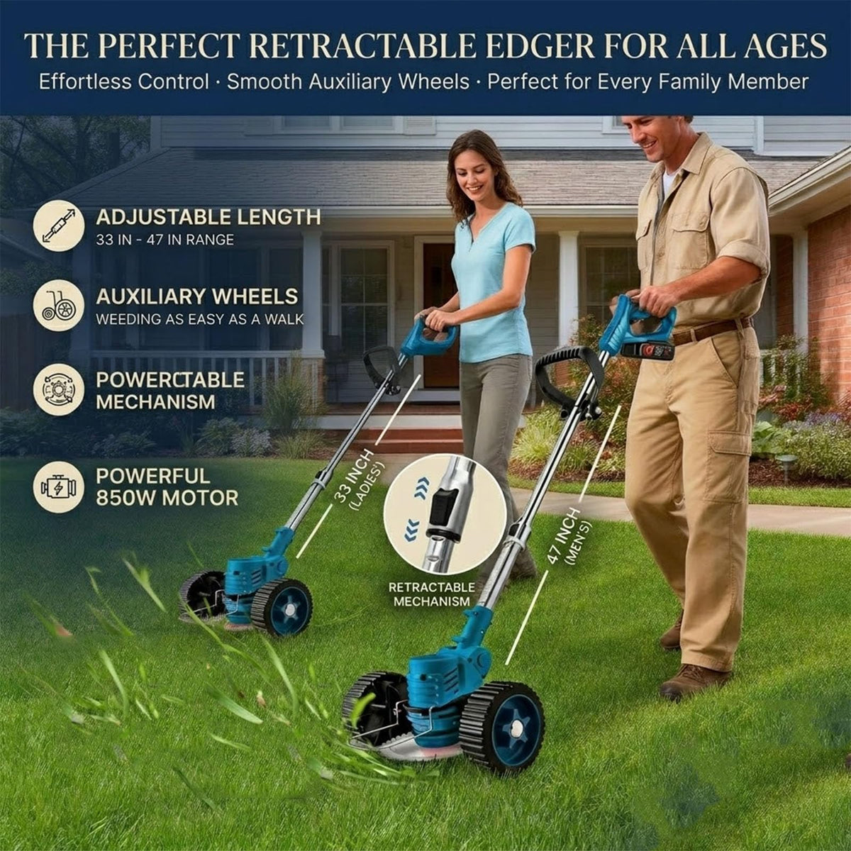 PERICGRIP wheel-assisted trimmer shown for effortless edging and movement.