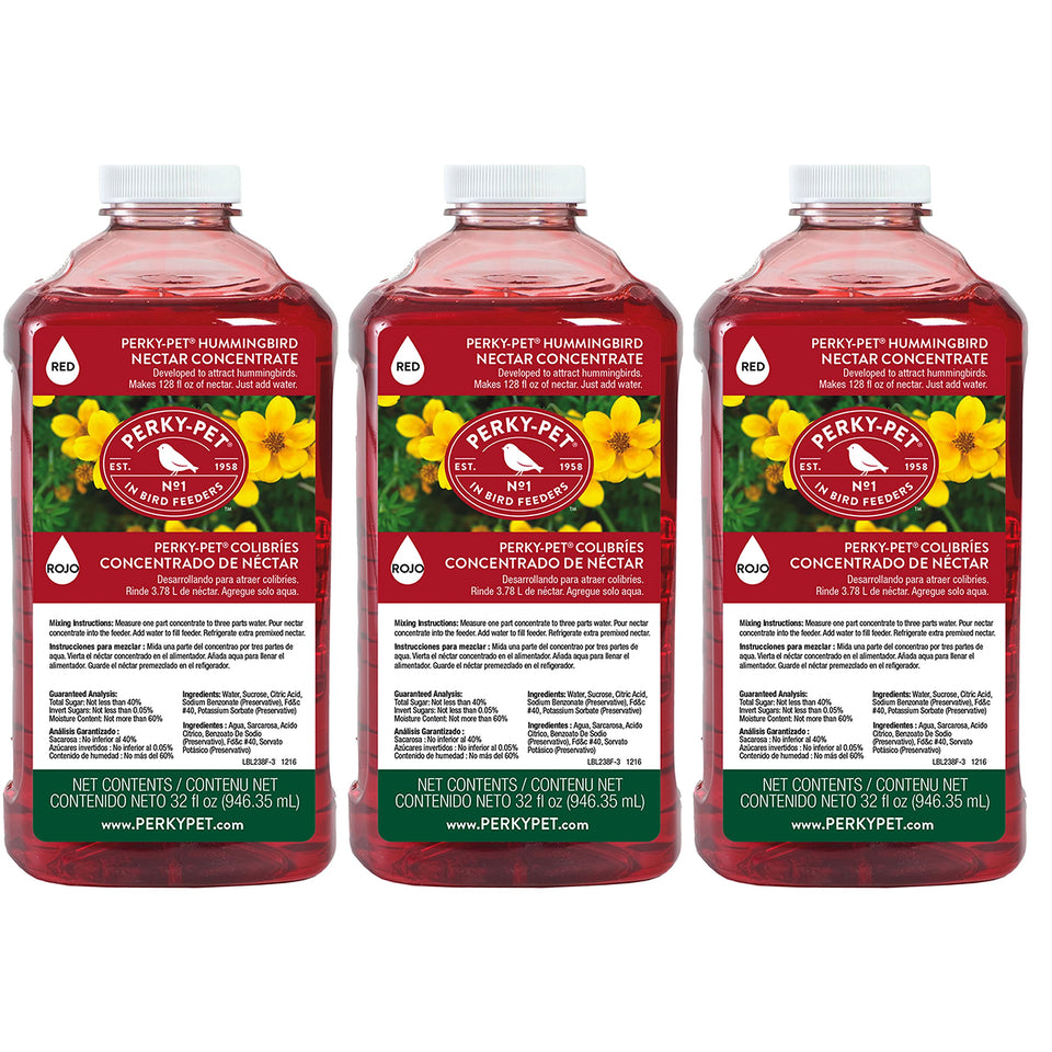 Perky-Pet 238 red nectar concentrate pack ready for hummingbird feeding.
