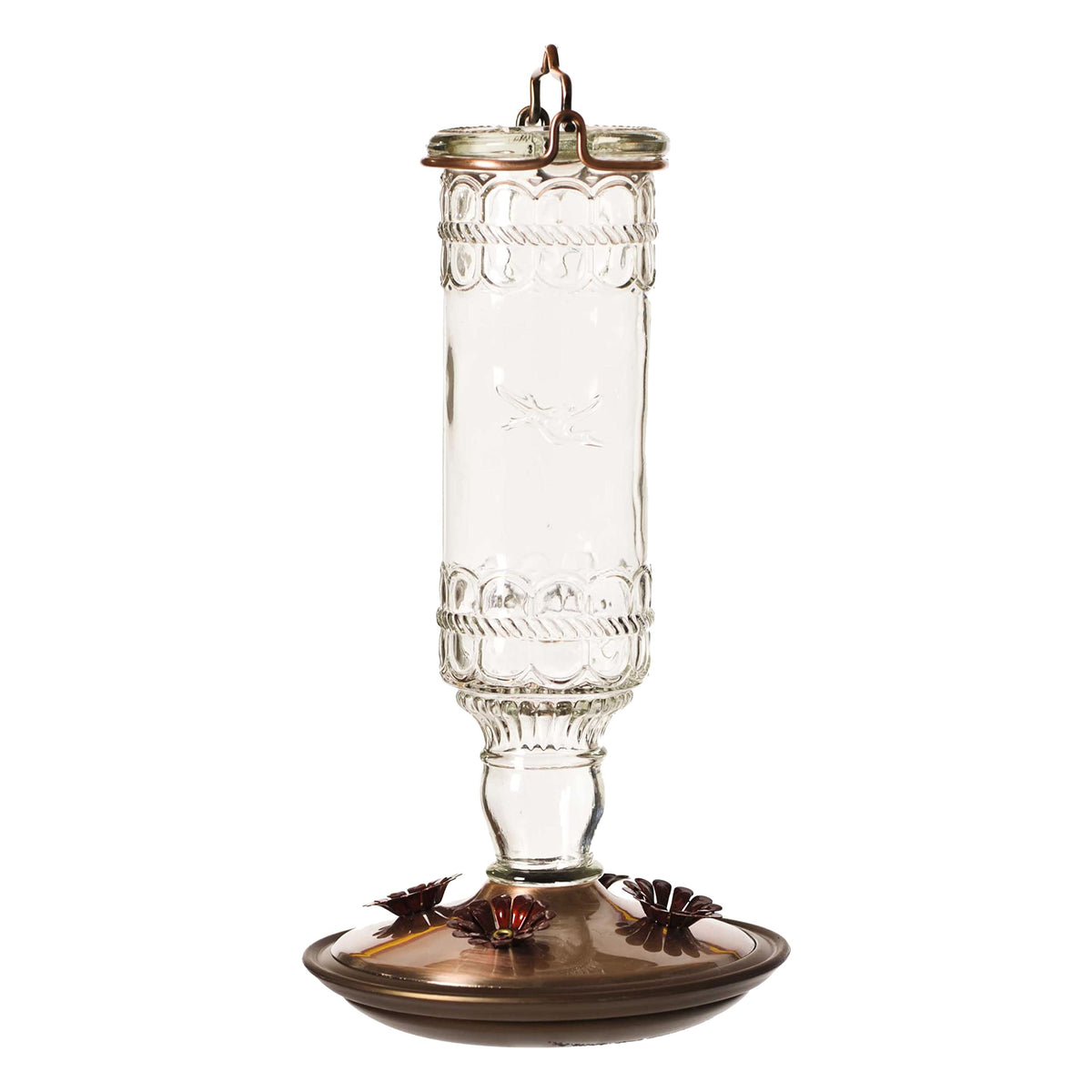 Perky-Pet antique bottle hummingbird feeder with clear glass and copper accents for stylish backyard appeal.