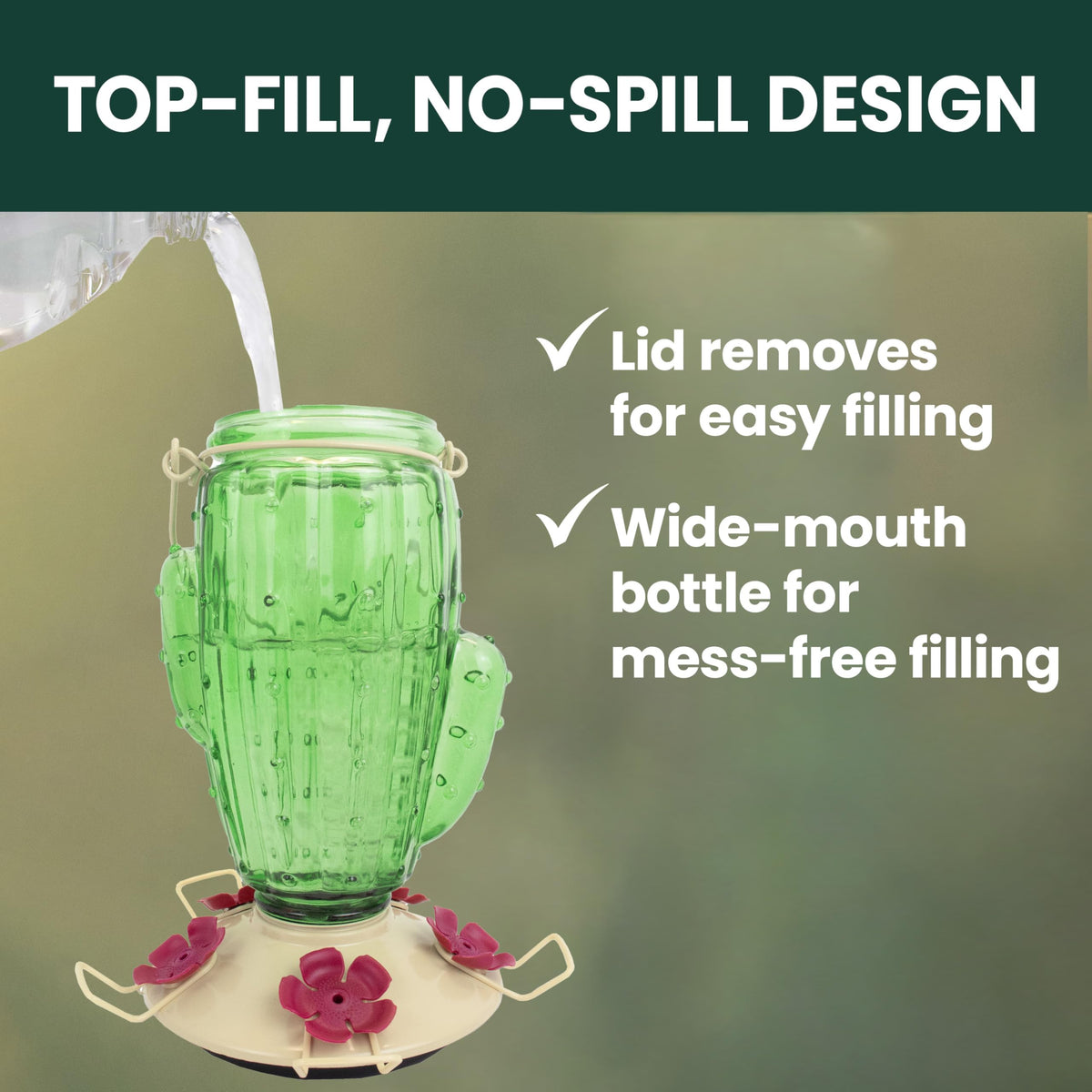 Perky-Pet Cactus glass feeder adds charm and outdoor appeal to your yard.
