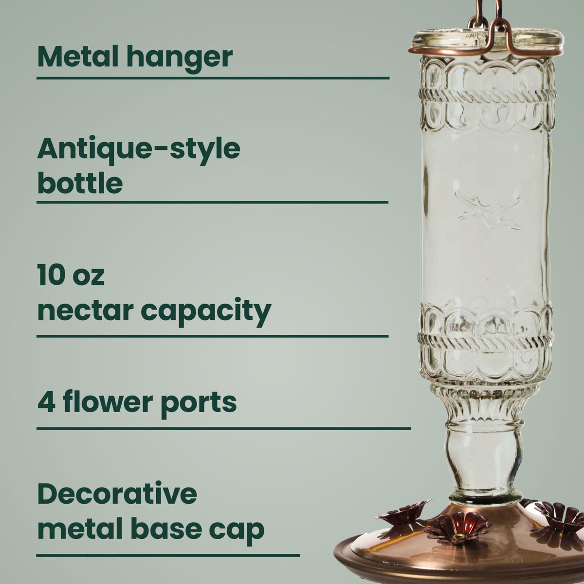 Clear glass bottle with brushed copper base on Perky-Pet feeder for elegant garden decor.