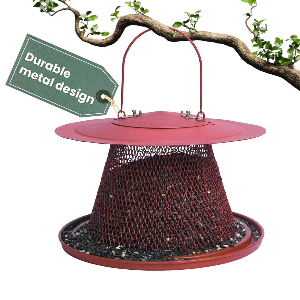 Perky-Pet durable red wild bird feeder showing circular seed tray for quick viewing