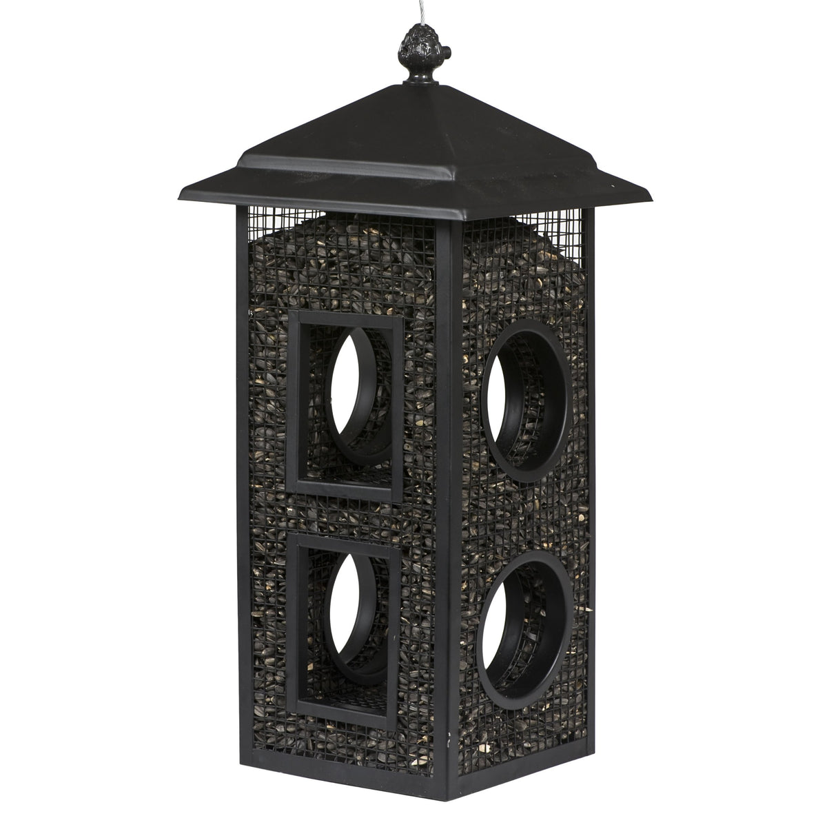 Perky-Pet Fly-Thru Feeder front view shows a sturdy metal build and accessible feeding area.