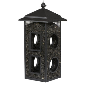 Perky-Pet Fly-Thru Feeder front view shows a sturdy metal build and accessible feeding area.