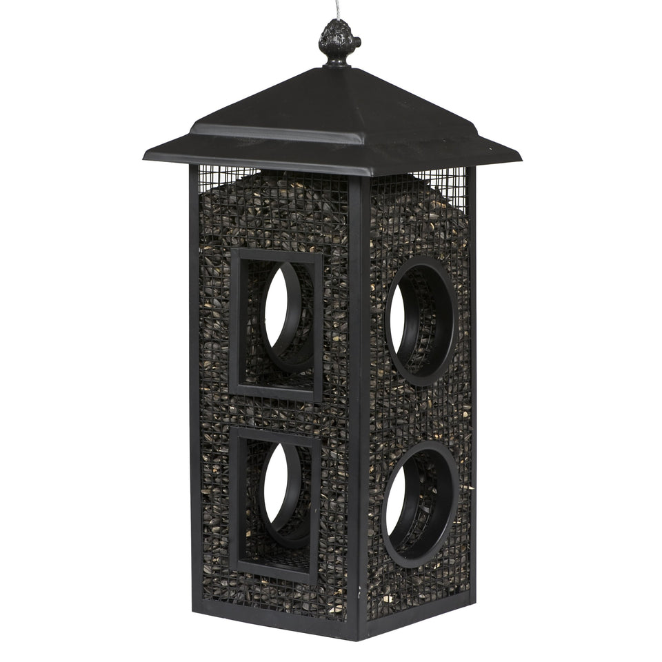Perky-Pet Fly-Thru Feeder front view shows a sturdy metal build and accessible feeding area.
