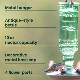 Perky-Pet four flower-port hummingbird feeder allows several birds to feed simultaneously.
