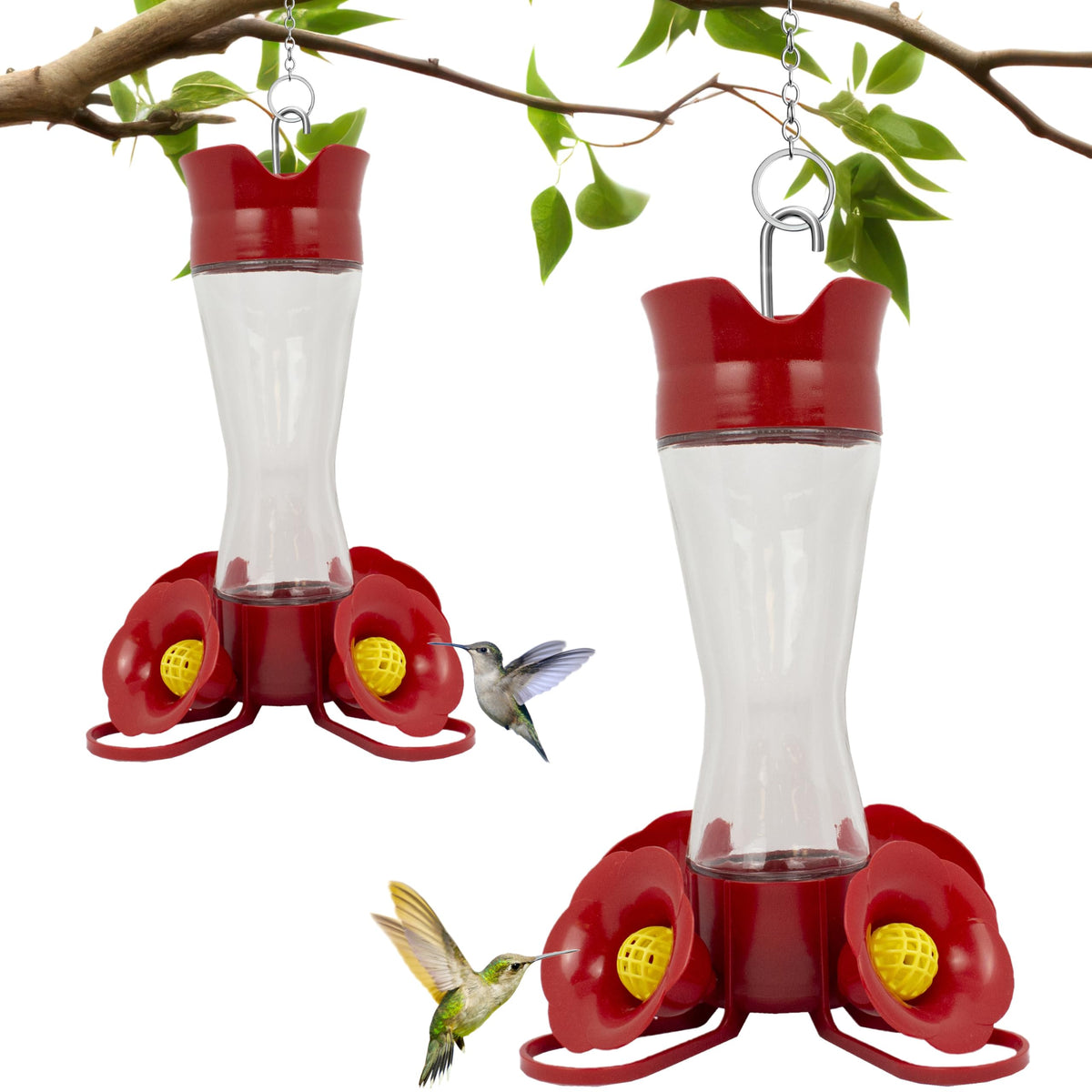 Perky-Pet glass hummingbird feeder with ant moat keeps nectar clean.